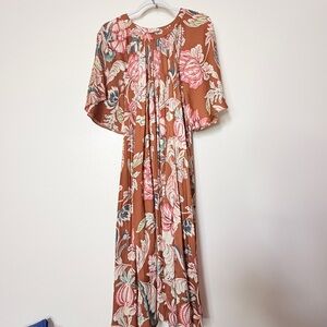 Anthropologie Rust Maxi Dress with Pink and Cream Floral Print